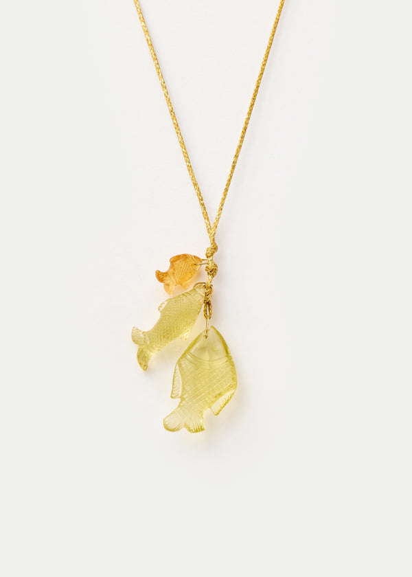 18kt Gold Lemon Quartz & Citrine Fish Cluster on Cord