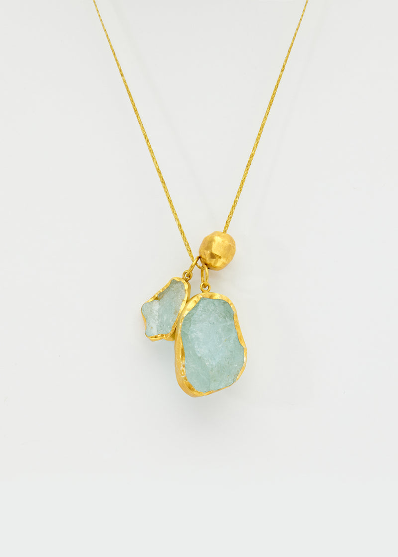 18kt Gold Vermeil Afghanistan Aquamarine Double Pendant with Gold Bead on Cord