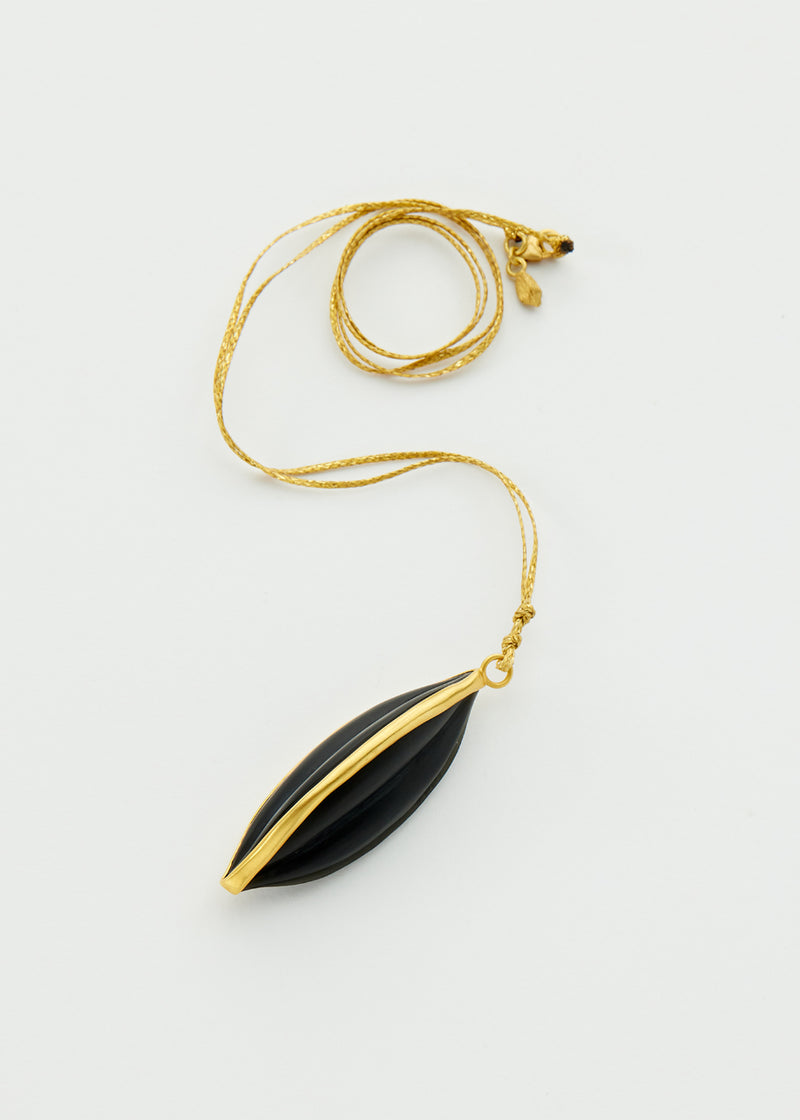 18kt Gold Carved Progeny Black Onyx Lilac Seed Amulet on Cord