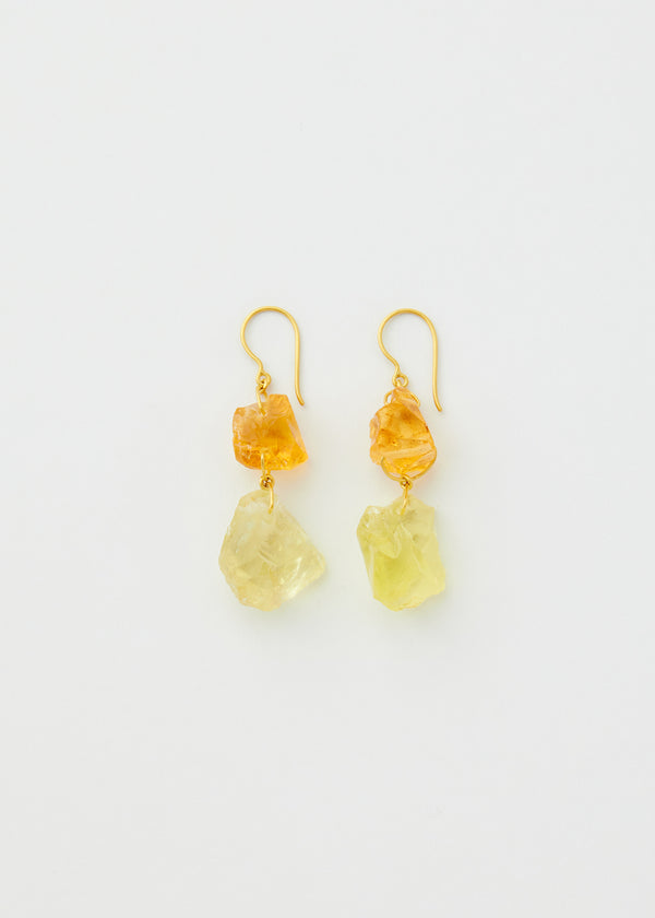 18kt Gold Rough Citrine & Lemon Quartz Metamorphic Double Drop Earrings