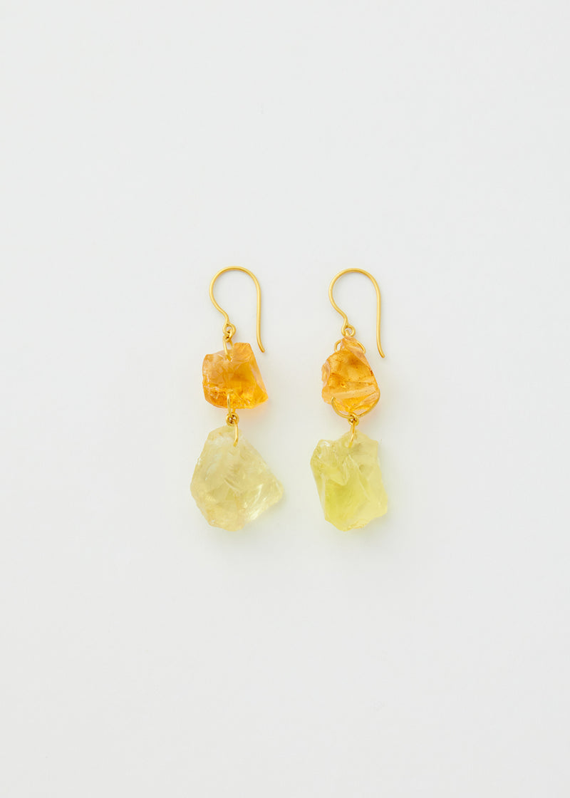 18kt Gold Rough Citrine & Lemon Quartz Metamorphic Double Drop Earrings