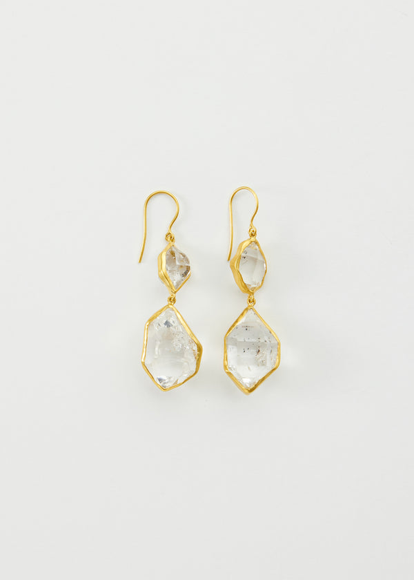18kt Gold Herkimer Diamond Metamorphic Double Drop Earrings