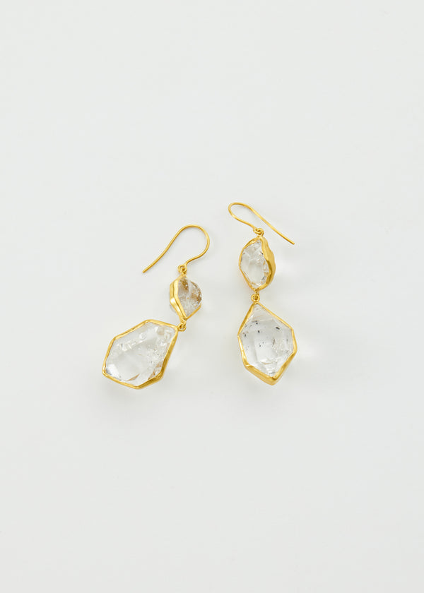 18kt Gold Herkimer Diamond Metamorphic Double Drop Earrings