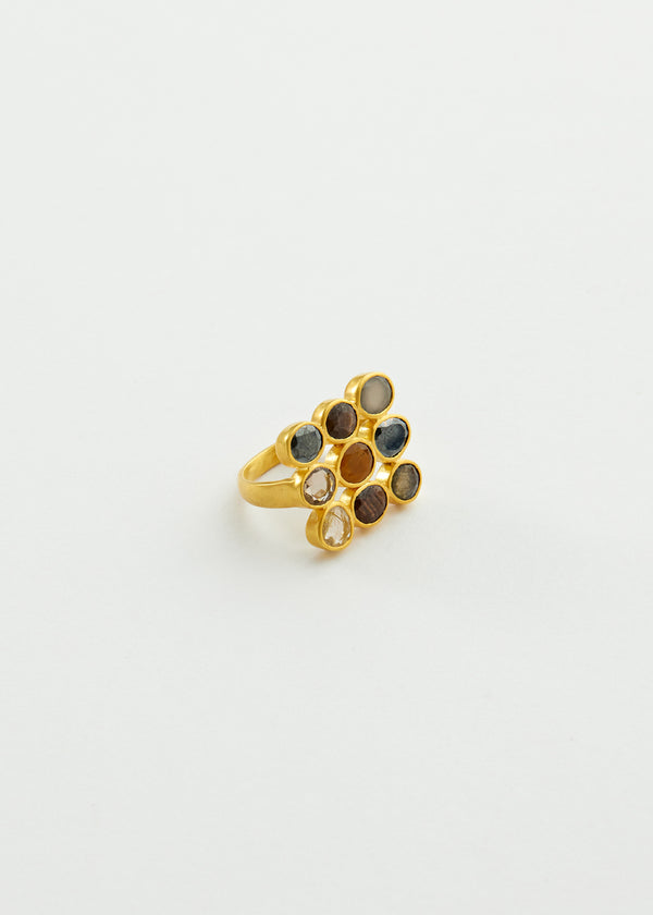 18kt Gold and Mixed Stone Grid Greek Ring