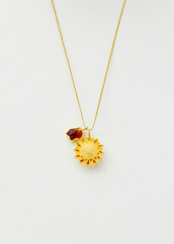 18kt Gold Large Sunflower & Rough Citrine Metamorphic Amulets On Cord