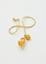 18kt Gold Small Sunflower & Rough Citrine Metamorphic Amulets On Cord