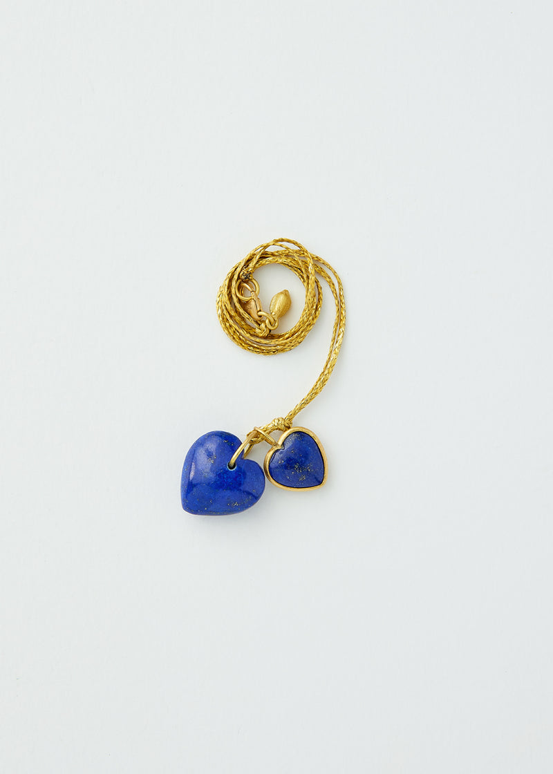 18kt Gold Lapis Lazuli Double Lover Heart Amulets on Cord