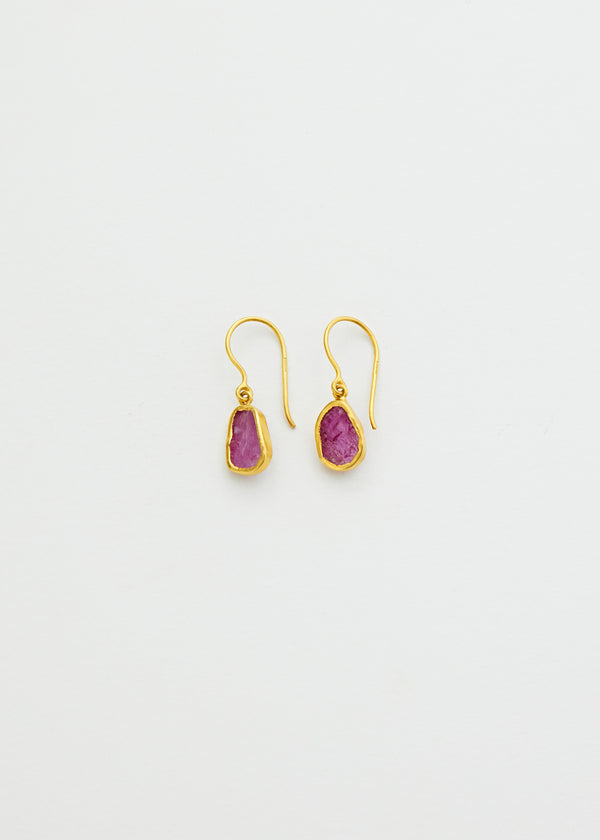 18kt Gold Rough Ruby Single Drop Earrings