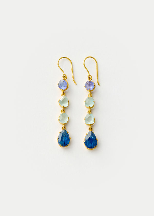 18kt Gold Blue Mixed Stones Four Drop Earrings