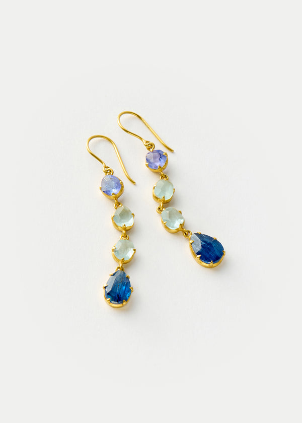 18kt Gold Blue Mixed Stones Four Drop Earrings