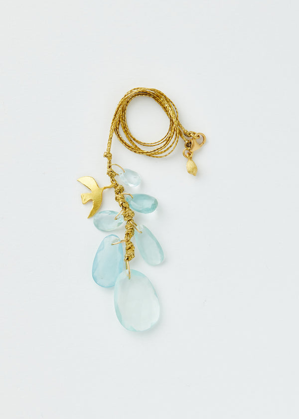 18kt Gold Aquamarine Cluster with Gold Bird on Cord