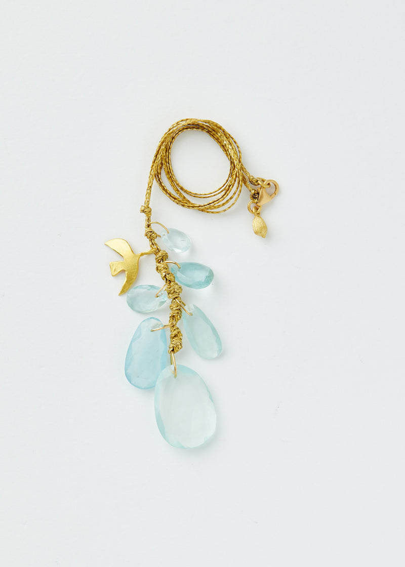 18kt Gold Aquamarine Cluster with Gold Bird on Cord