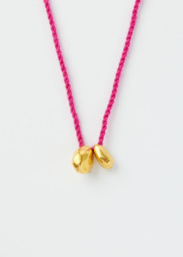 18kt Gold Bolivian Double Pebble on Pink Alpaca Wool Necklace