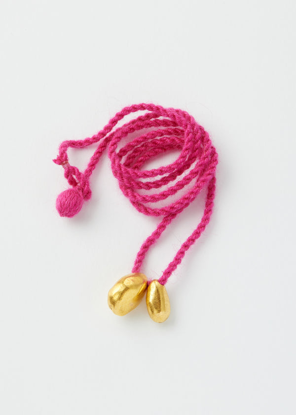 18kt Gold Bolivian Double Pebble on Pink Alpaca Wool Necklace