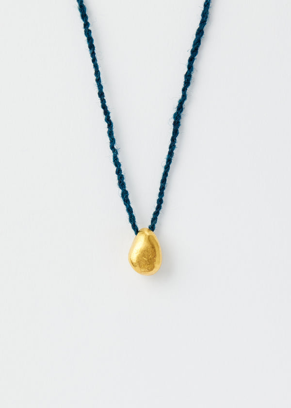18kt Gold Bolivian Pebble on Teal Blue Alpaca Wool Necklace