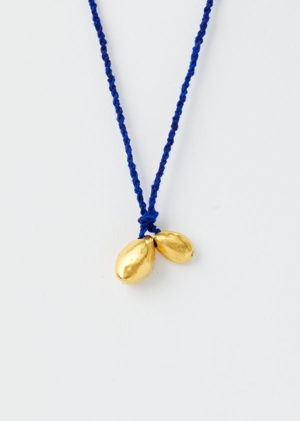 18kt Gold Bolivian Double Pebble on Blue Alpaca Wool Necklace