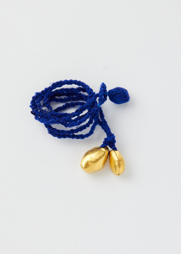 18kt Gold Bolivian Double Pebble on Blue Alpaca Wool Necklace