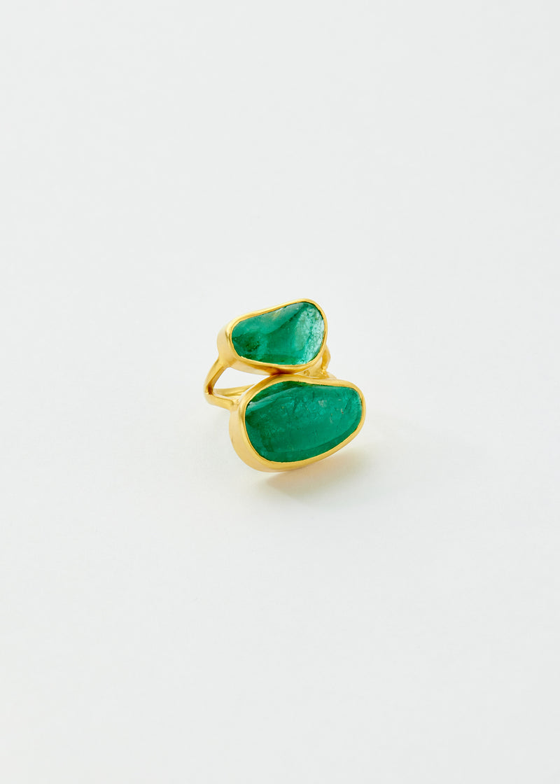 18kt Gold Emerald Large Double Greek Ring