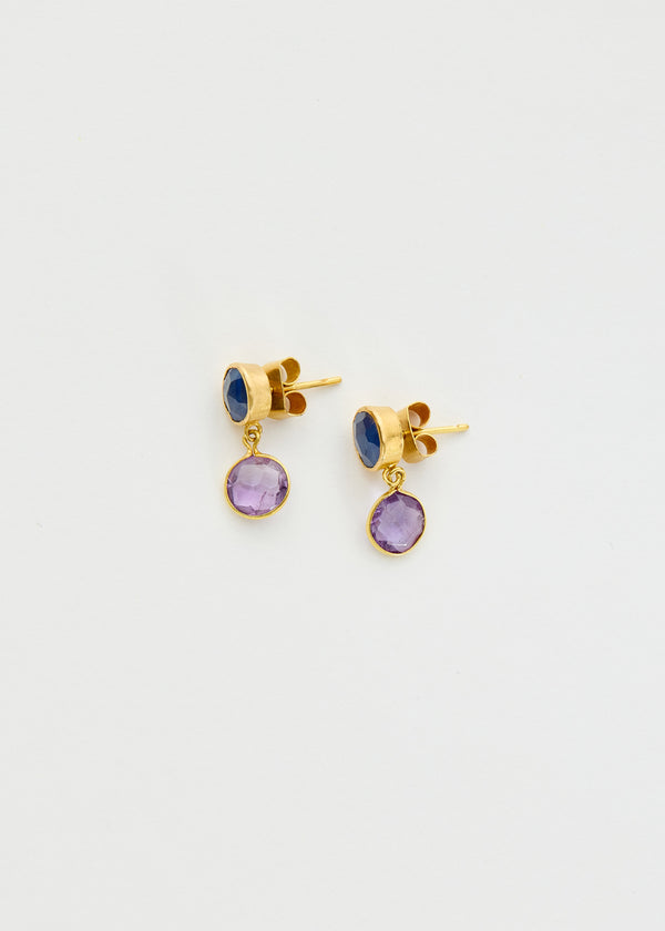 18kt Gold PSTM Myanmar Amethyst & Spinel Double Drop Studs