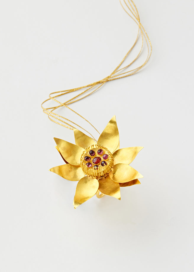 18kt Gold PSTM Myanmar Spinel Lotus Amulet on Cord