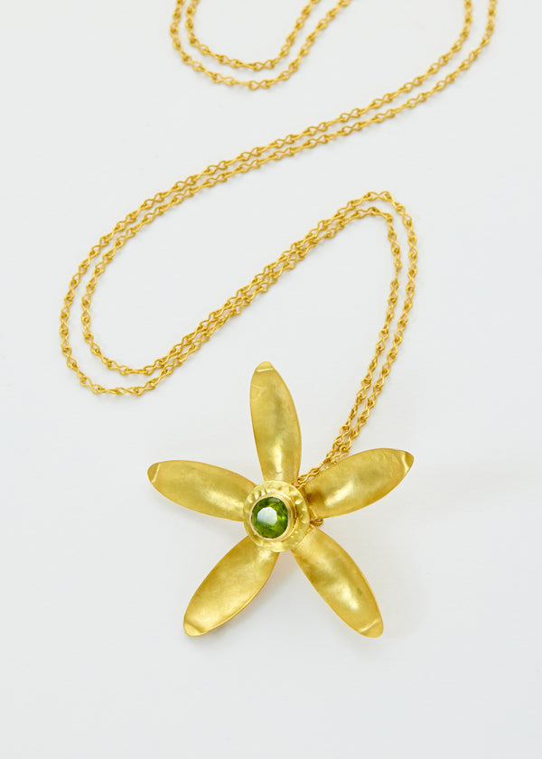 18kt Gold Tulip Opening Closing Flower Peridot Necklace