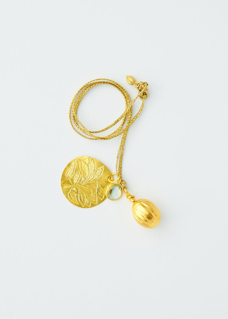 18kt Gold Aquamarine with Mint and Coriander Amulets on Cord