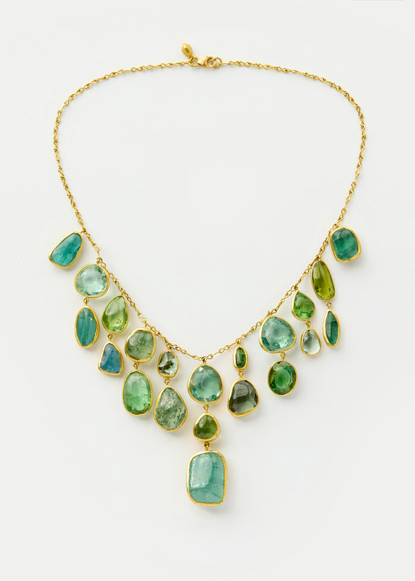 18kt Gold Green Tourmaline & Aquamarine Fringe Necklace