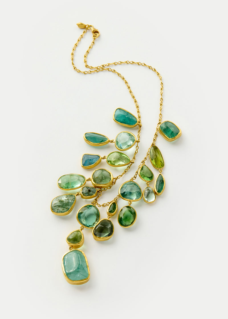 18kt Gold Green Tourmaline & Aquamarine Fringe Necklace