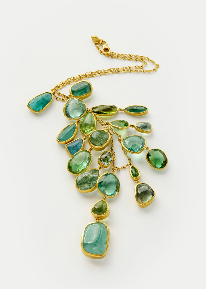 18kt Gold Green Tourmaline & Aquamarine Fringe Necklace