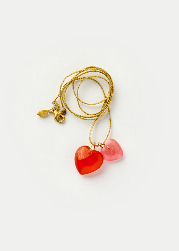 18kt Gold Carnelian and Rhodochrosite Heart Pendants on Cord