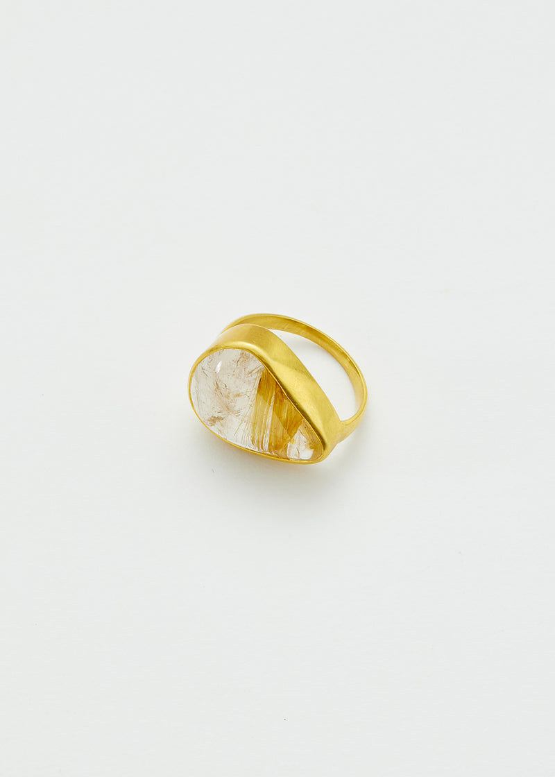 18kt Gold Sun's Rays Rutilated Quartz Greek Ring