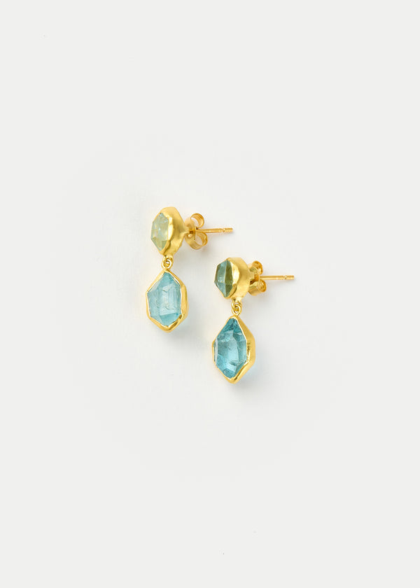 18kt Gold Cerulean Aquamarine Double Drop Studs