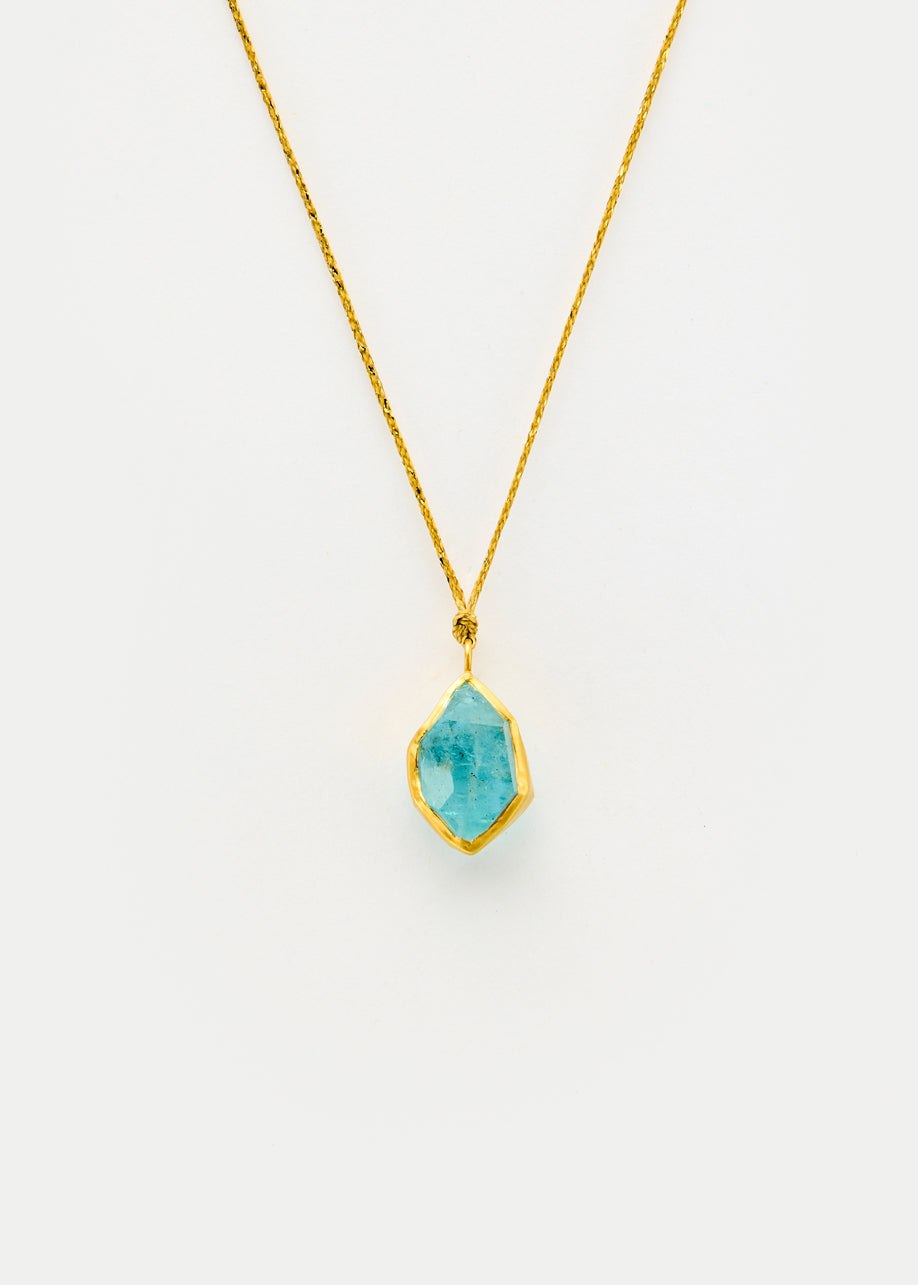 18kt Cerulean Aquamarine Collet Set Amulet on Cord