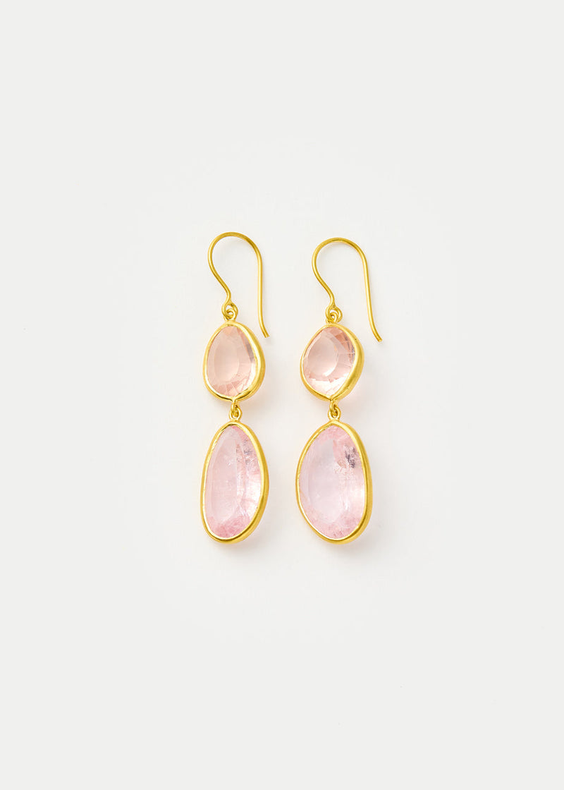 18kt Gold Pink Agra Kunzite & Rose Quartz Double Drop Earrings