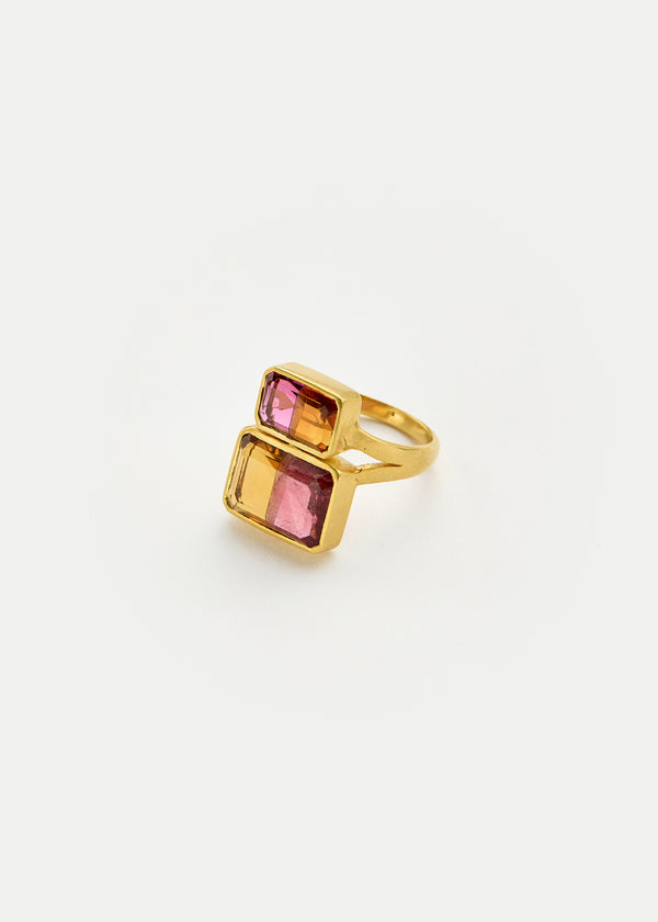 18kt Gold Pink Tourmaline & Citrine Double Greek Ring