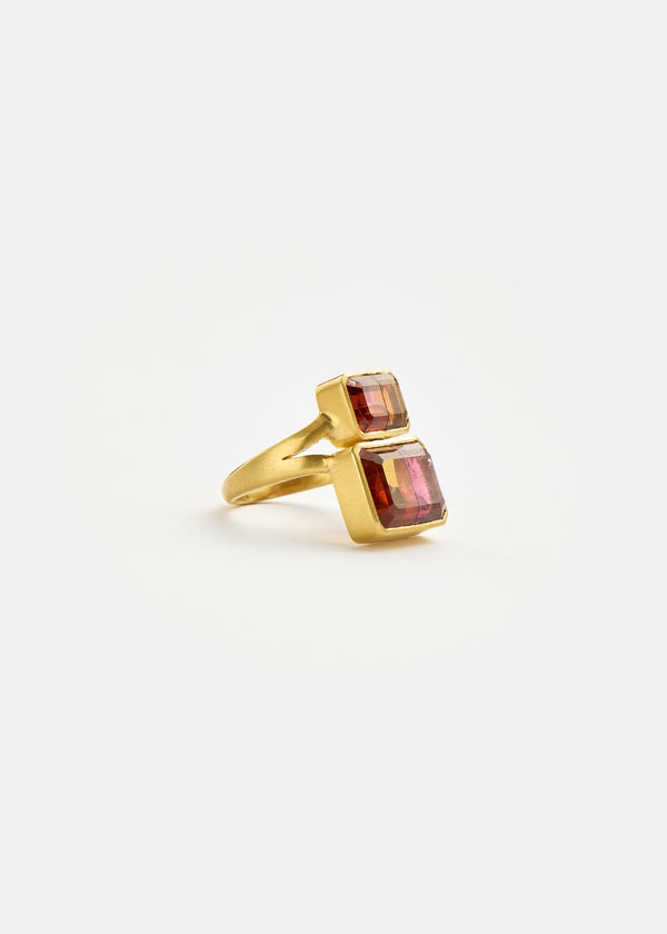 18kt Gold Pink Tourmaline & Citrine Double Greek Ring