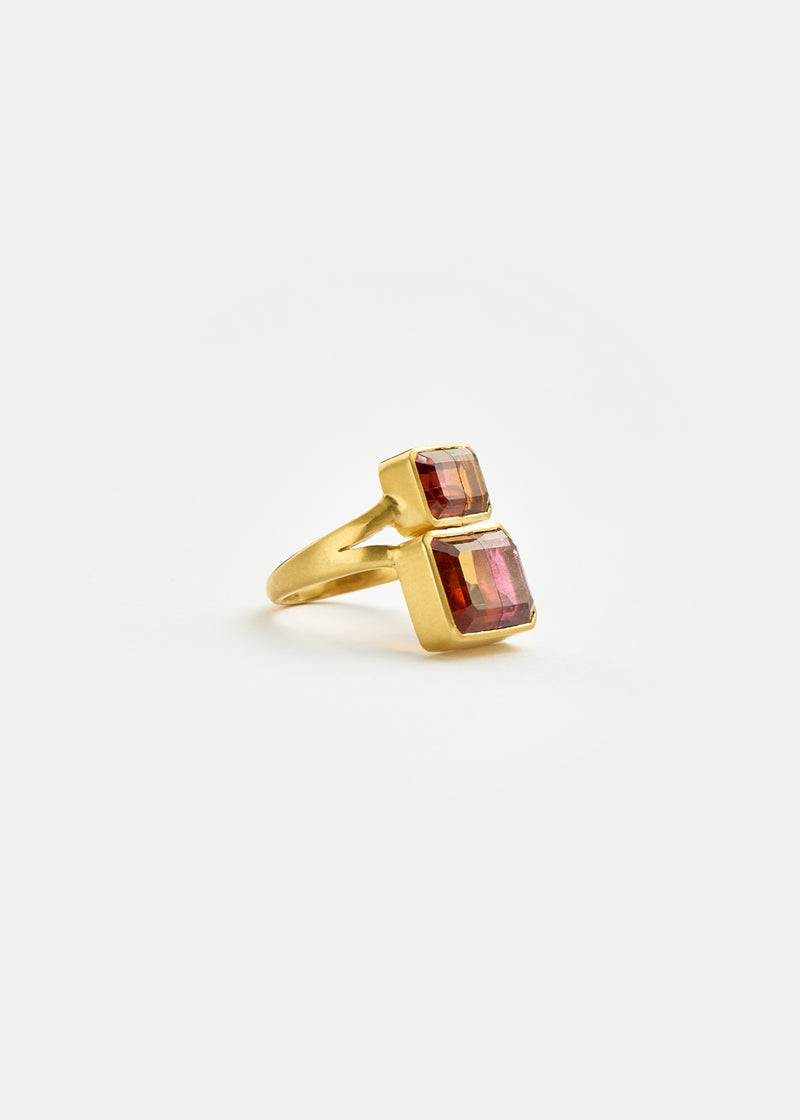 18kt Gold Pink Tourmaline & Citrine Double Greek Ring