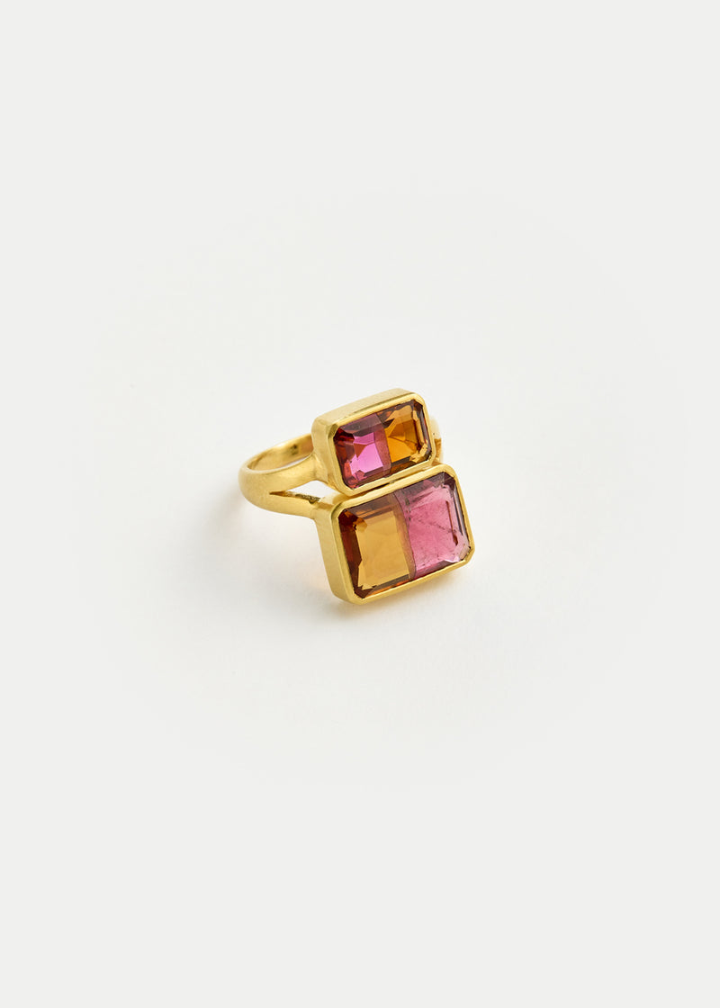 18kt Gold Pink Tourmaline & Citrine Double Greek Ring