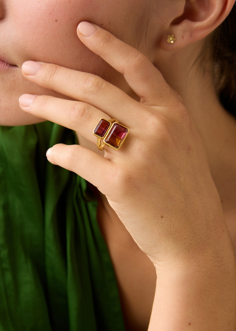 18kt Gold Pink Tourmaline & Citrine Double Greek Ring