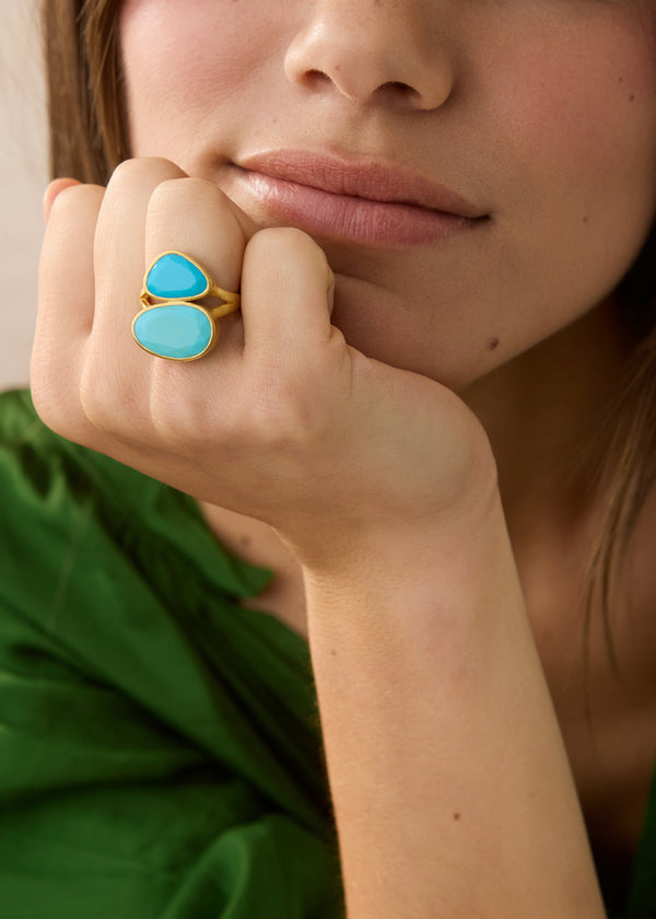 18kt Gold Turquoise Double Greek Ring