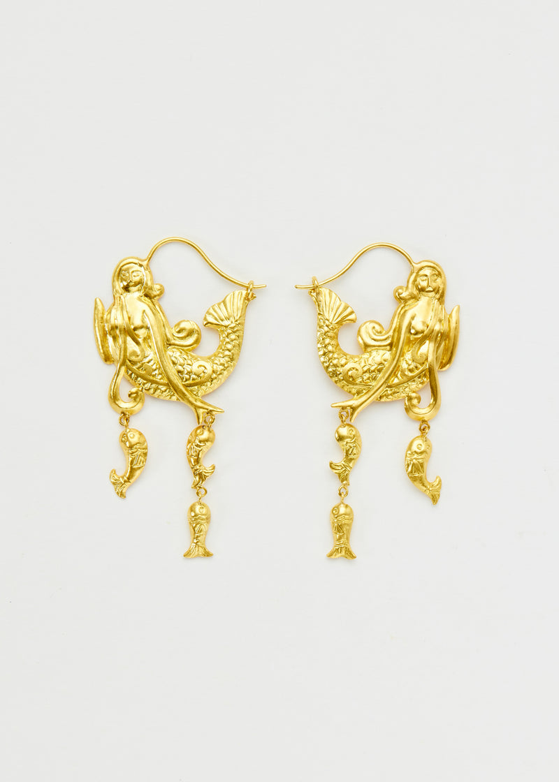 18kt Gold PSTM Myanmar Poseidon's Waves Mermaid & Fish Earrings