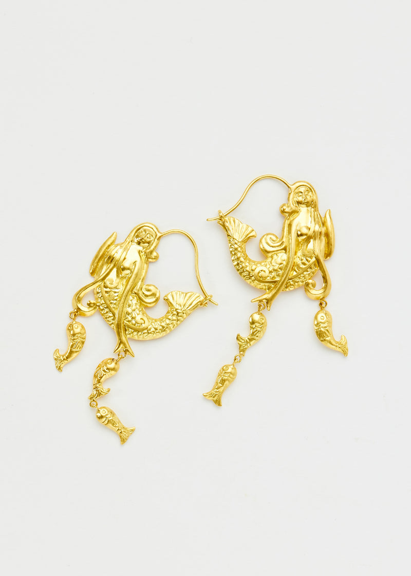 18kt Gold PSTM Myanmar Poseidon's Waves Mermaid & Fish Earrings