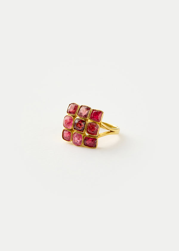 18kt Gold PSTM Myanmar Pink & Red Spinel Grid Ring