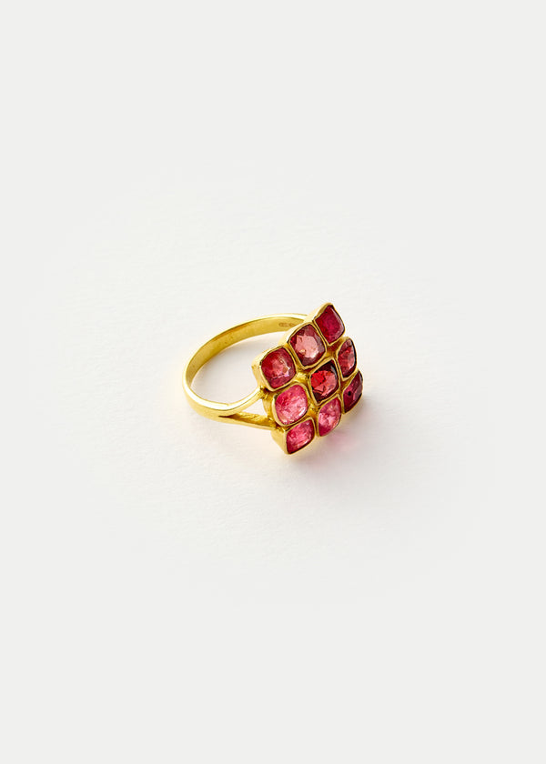 18kt Gold PSTM Myanmar Pink & Red Spinel Grid Ring