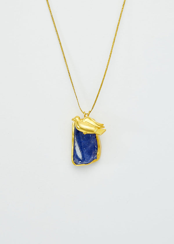 18kt Gold Indigo Tanzanite & Bird Amulets on Cord