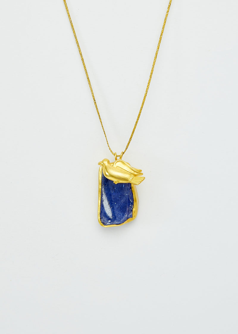 18kt Gold Indigo Tanzanite & Bird Amulets on Cord