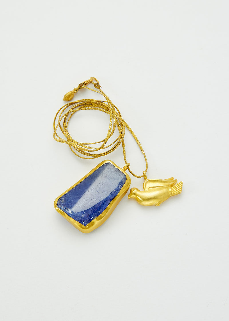 18kt Gold Indigo Tanzanite & Bird Amulets on Cord