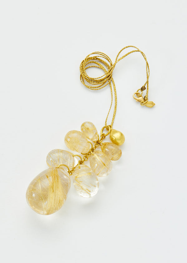 18kt Gold Sun's Rays Rutilated Quartz Cluster on Cord