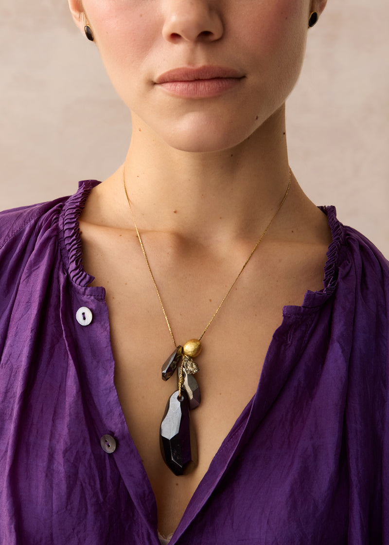 18kt Gold Night Hematite & Pyrite Cluster with Gold Bead on Cord
