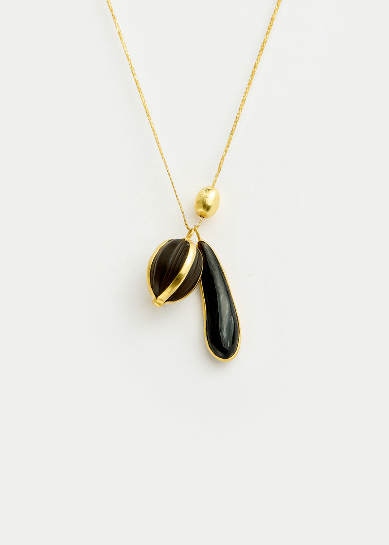 18kt Gold Night Black Onyx & Smokey Quartz Cluster on Cord